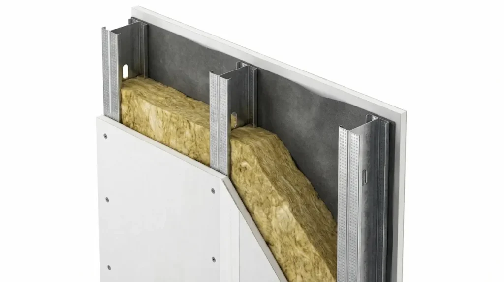 Instalación de aislamiento acústico con lana de roca y perfilería metálica en una vivienda de Alzira