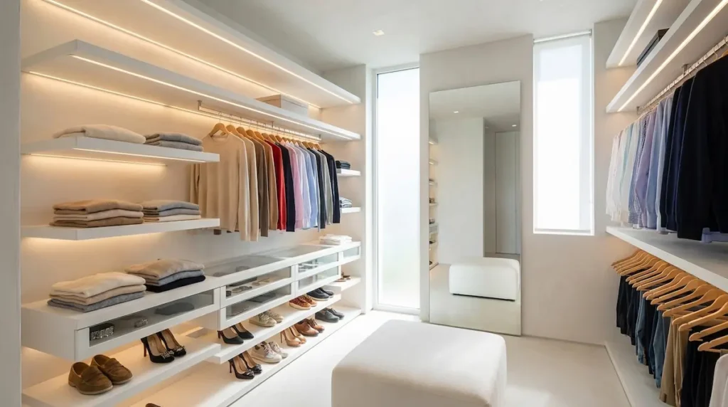 Vestidor a medida de yeso laminado blanco con iluminación LED integrada y ropa organizada en vivienda de Alzira