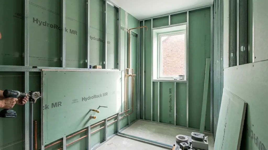Instalación de placas de yeso laminado hidrófugo color verde en reforma de baño en Alzira con tuberías visibles