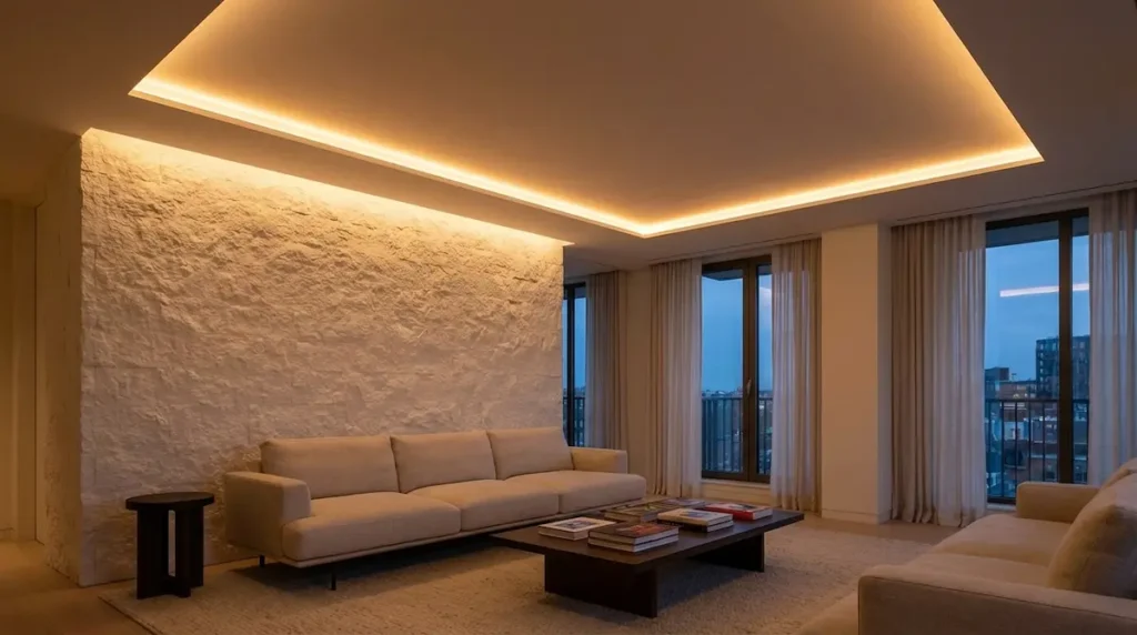 Detalle constructivo de una candileja en falso techo mostrando el espacio para la tira LED