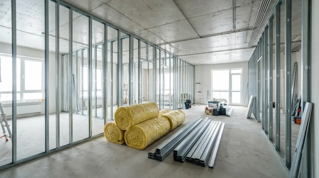 Estructura metálica de montantes para tabique de yeso laminado en reforma de piso en Alzira