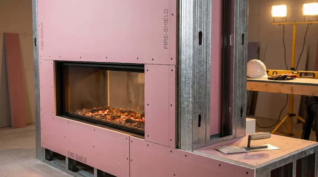 Instalación de placas de yeso laminado ignífugo color rosa en techo de local comercial en Alzira