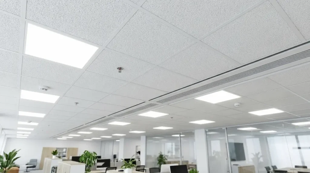 Oficina moderna en Alzira con techo desmontable de fibra mineral y luminarias LED empotradas