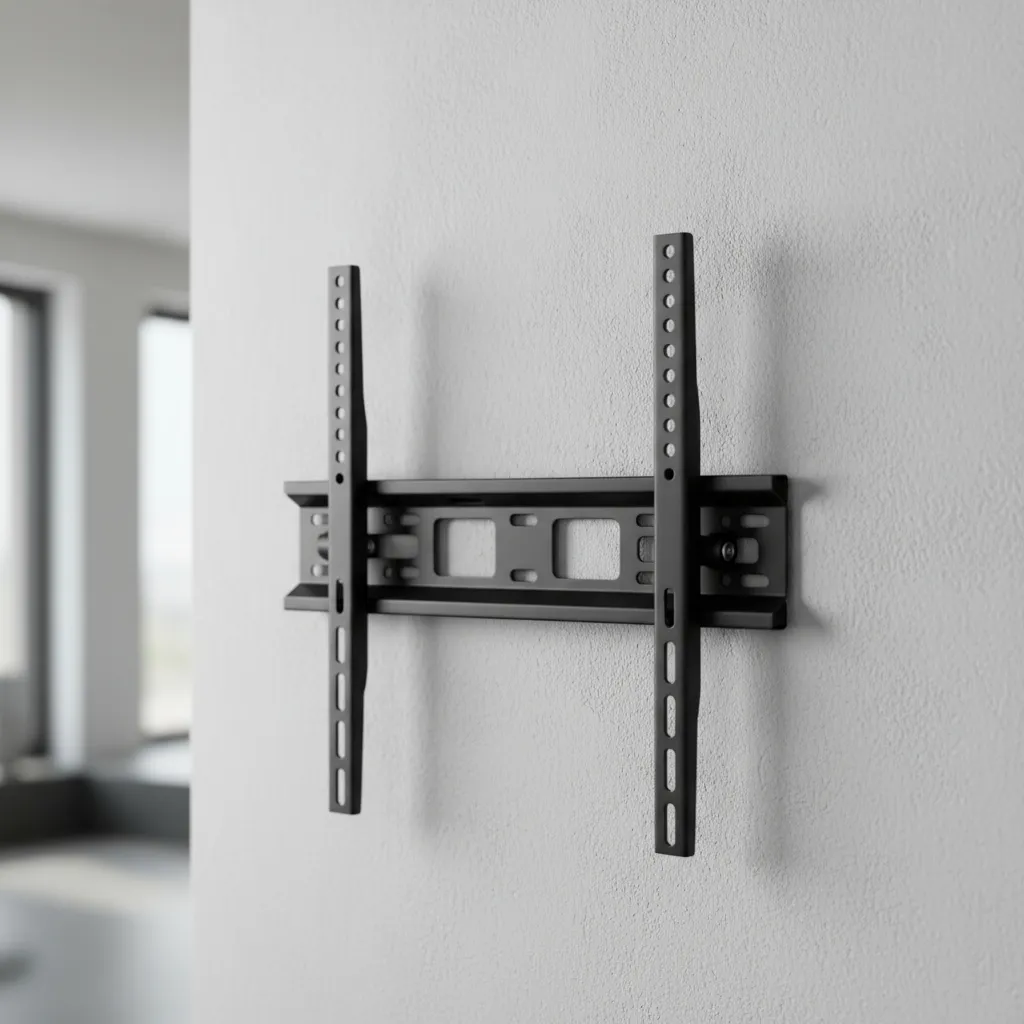 Primer plano de un soporte de televisión anclado firmemente a una pared de yeso laminado pintada en gris suave, sosteniendo una pantalla grande